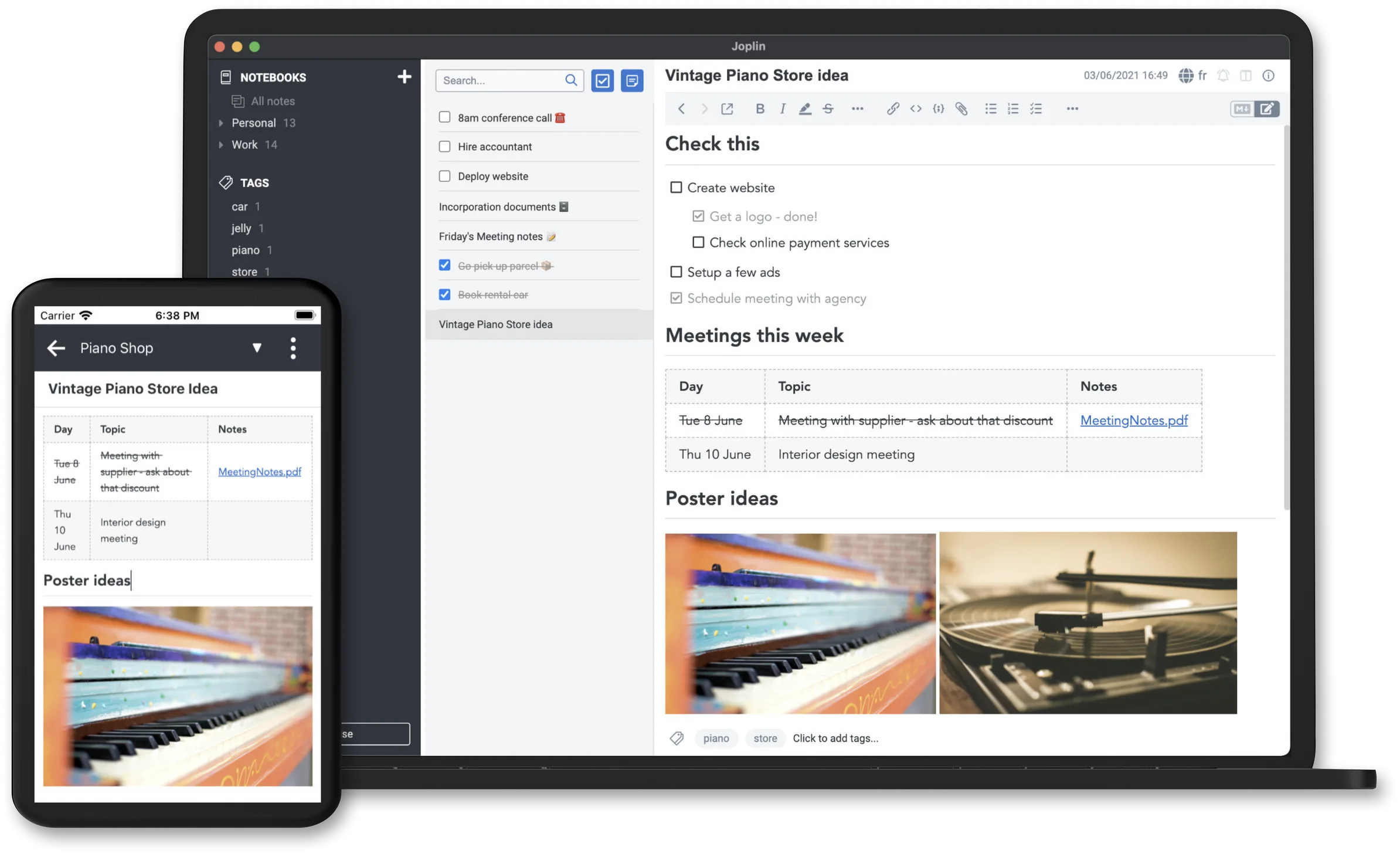 Joplin desktop and mobile note interfaces
