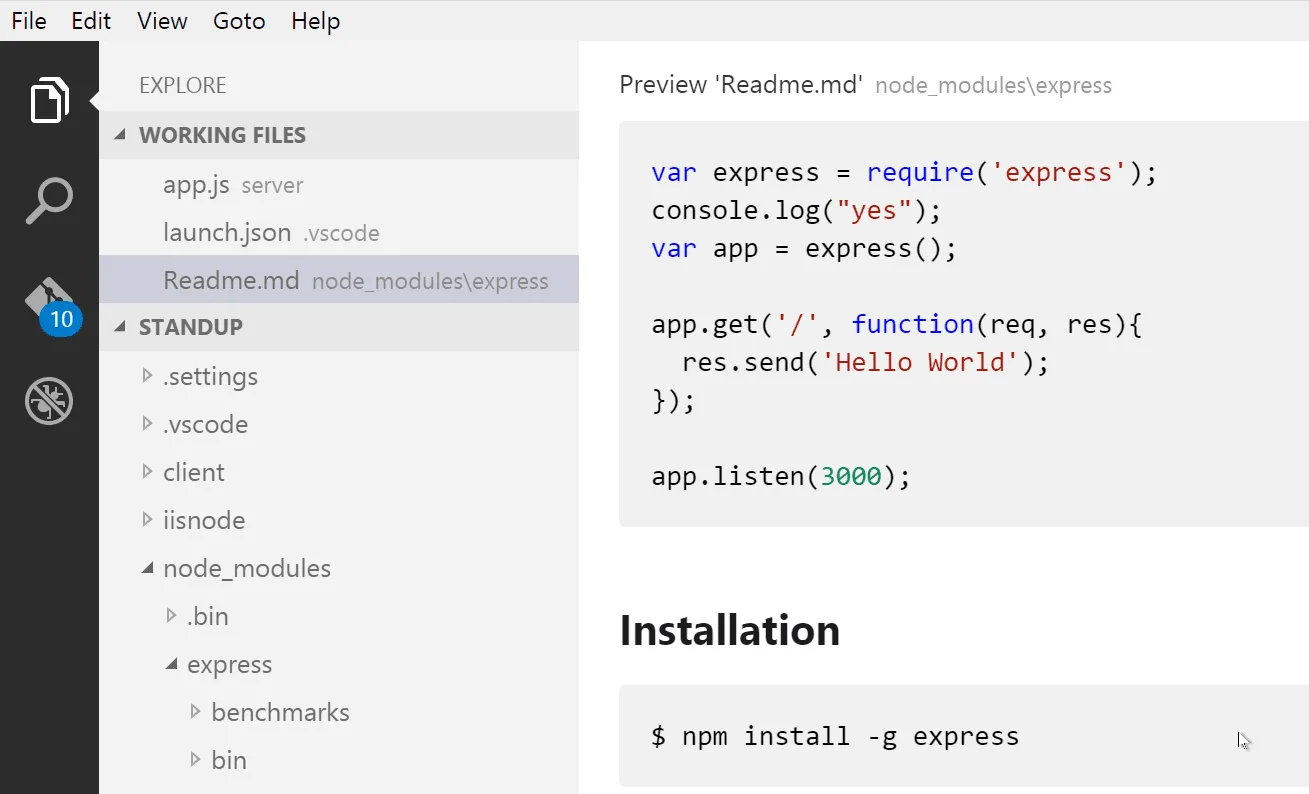Visual Studio Code showing Markdown source and a rendered preview