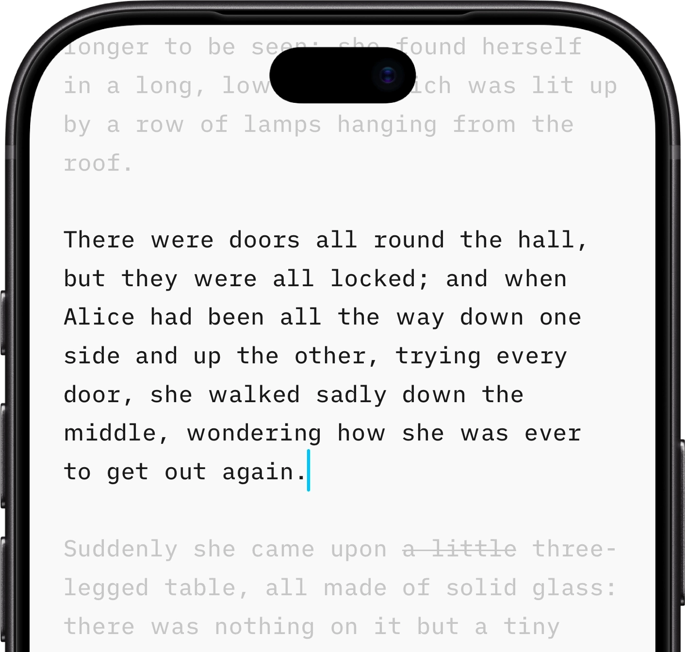 iA Writer on iPhone emphasizing the current paragraph in Focus Mode