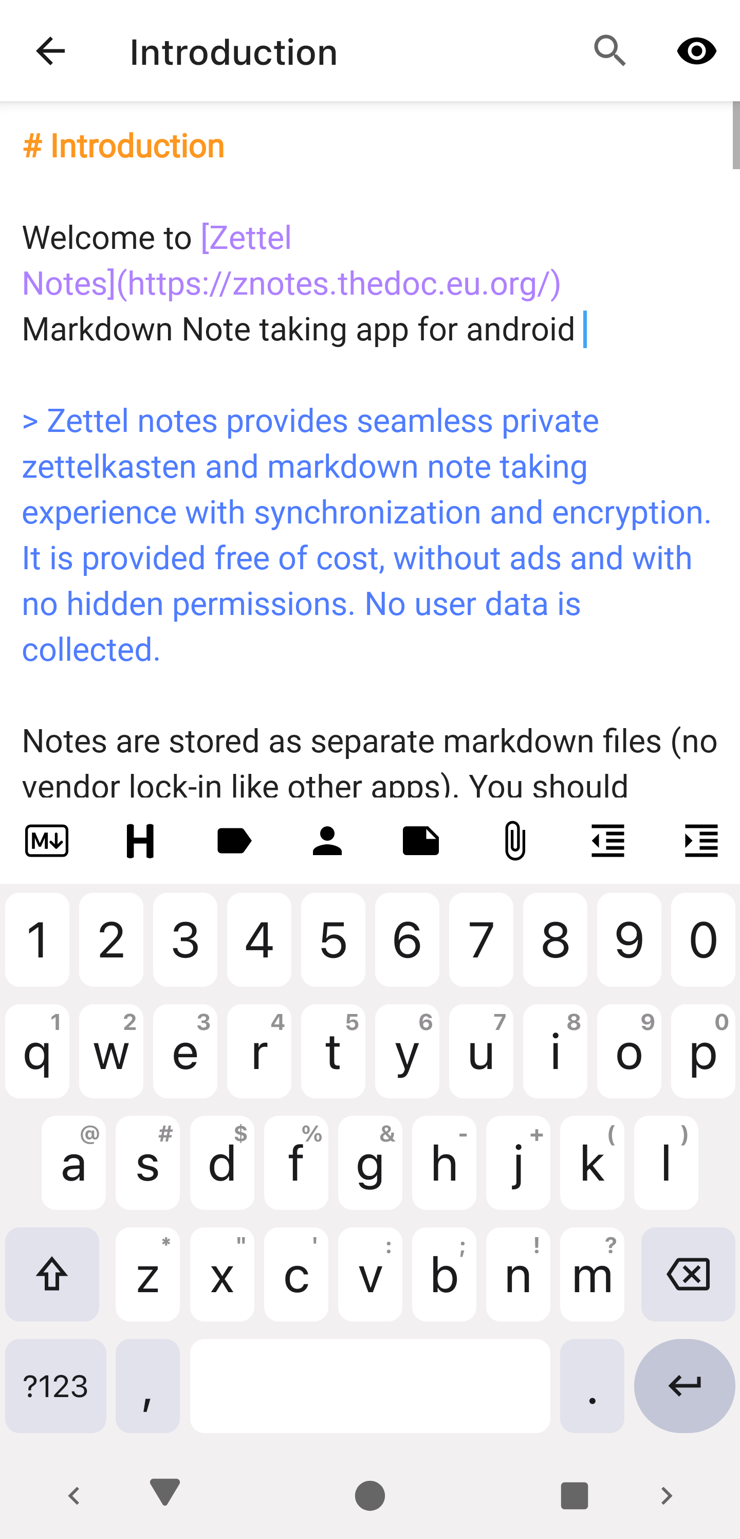 Zettel Notes on Android showing Markdown source and the formatting toolbar